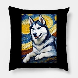 Siberian Husky Dog Breed Painting in a Van Gogh Starry Night Art Style Pillow