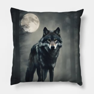 Wolf in the Foggy Dark Forest Vintage Art Pillow