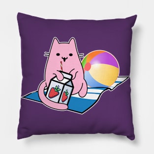 Strawberry milk pink cat ball and towel Pillow