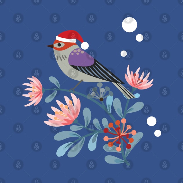 Pretty Holiday Flowers and Finch in Christmas Santa Hat by Dibble Dabble Designs