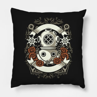 Deep Sea Diver Retro Crest With Roses Pillow