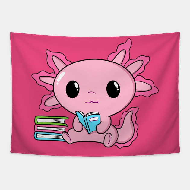 Cute Kawaii Pink Axolotl Reading With Books Tapestry by hypedesigns19