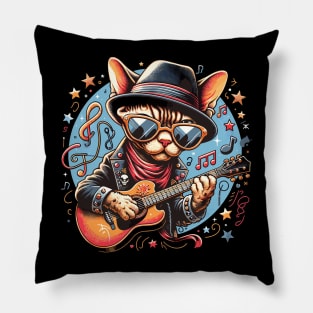 Devon Rex Cat Playing Guitar Pillow