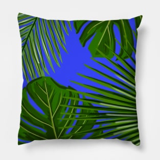 Monstera and Palm Leaves on Bright Blue Pillow