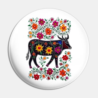 Polish Folk Art Design Cute Cow With Flowers Pin