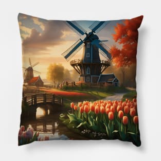 Windmill in Dutch Countryside by River with Tulips Pillow