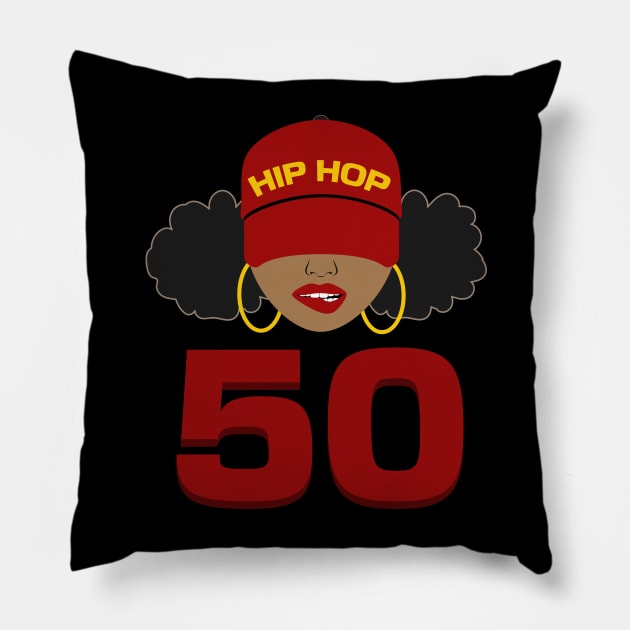 Hip Hop is 50 | 50th Anniversary Afro Puffs Women Pillow by blackartmattersshop