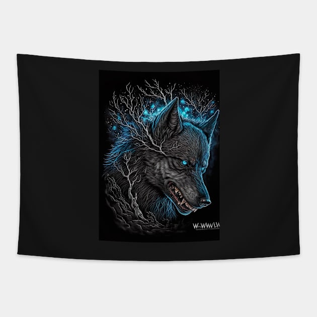 Wolf with blue spark Tapestry by KoolArtDistrict