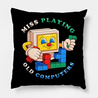 Miss playing old computer, old computer playing tetris Pillow