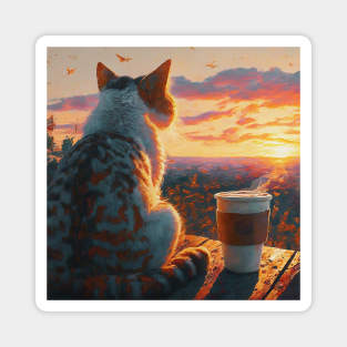 funny cat watching sunset with coffee, funny cats and coffee, cats lover Magnet