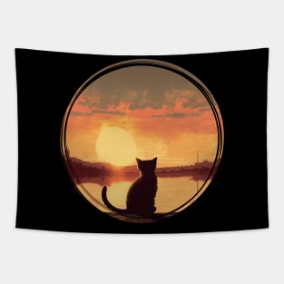 Cat Looking At Sunset Tapestry