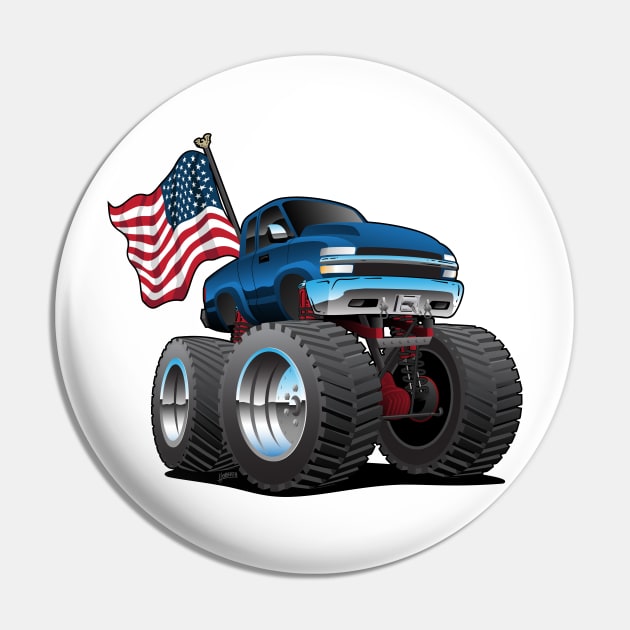 Monster Pickup Truck with USA Flag Cartoon Pin by hobrath