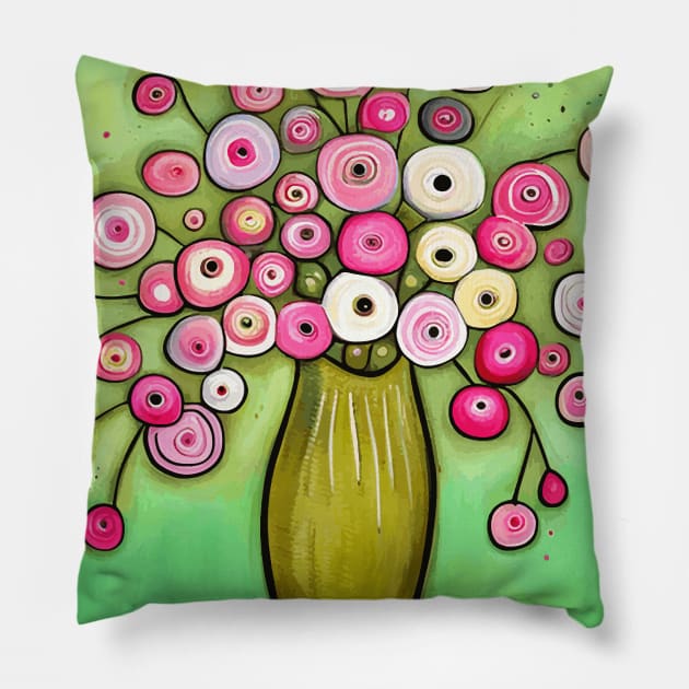 Cute Abstract Flowers in a Green Vase Still Life Painting Pillow by bragova