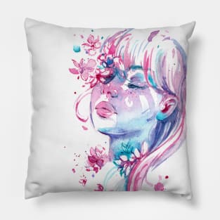 Water Leaves 7 - Watercolor Woman Portrait Pillow