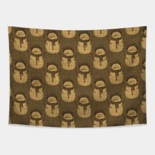 Brown and Cream Christmas Snowmen on Brown Burlap Cloth Tapestry