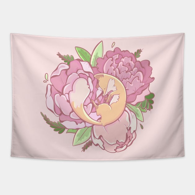 Peonies and fox Tapestry by Four Seasons Fox