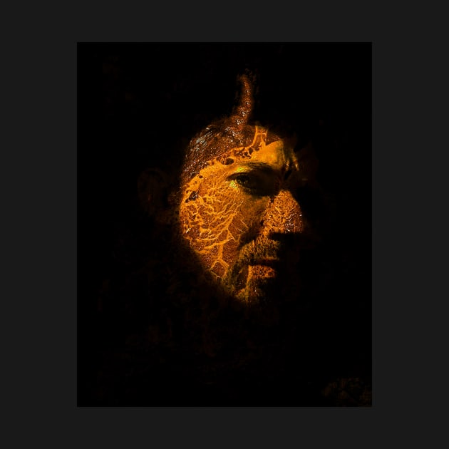 Portrait, digital collage and special processing. Devil face, side. Horn and lava texture. Yellow and green. by 234TeeUser234