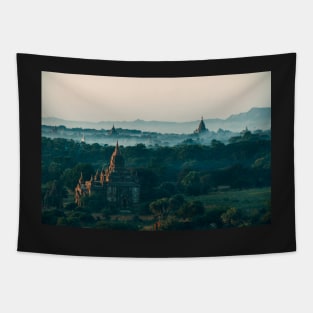 Morning Fog at Bagan Pagodas (Myanmar, Burma) Tapestry