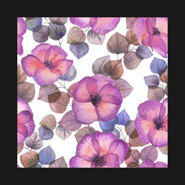 Tropical vibrant Hibiscus flowers and leaves. Transparent watercolor flowers print by likapix