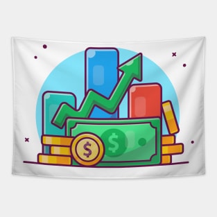 Stack of coin with paper money and graph cartoon Tapestry