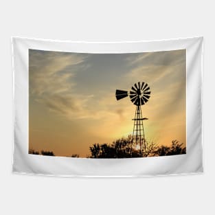 Kansas Sunset with clouds and a Windmill Tapestry