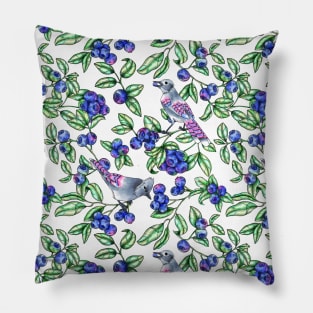 Blue Berries and Blue Jay Bird Watercolor Pillow