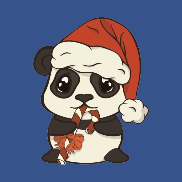 Cute Christmas panda bear in red Santa's hat with pompon eat sugar lollipop striped stick by amramna