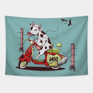 Cow riding a motorcycle Tapestry