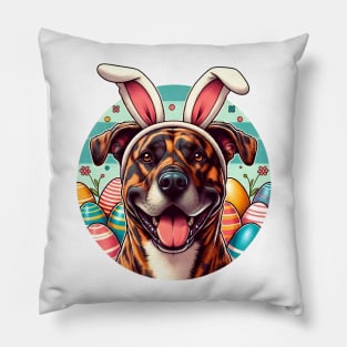 Treeing Tennessee Brindle Enjoys Easter with Bunny Ears Pillow