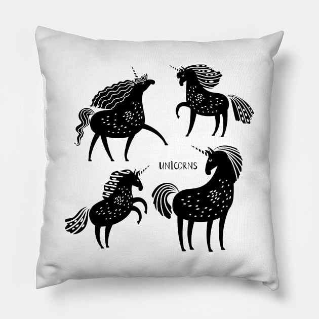 Unicorn Black Silhouettes Pillow by Mako Design 