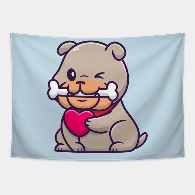 Cute Bulldog Bite Bone And Holding Heart Cartoon Tapestry by Catalyst Labs