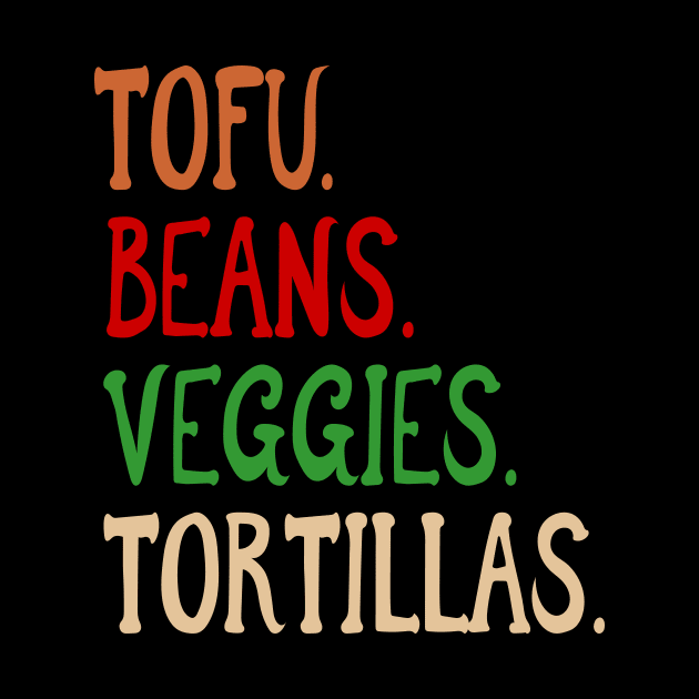 Tofu. Beans. Veggies. Tortillas. Vegan burrito ingredients by Rocky Ro Designs