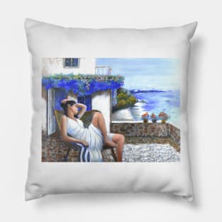 Woman girl sitting relaxing meditating on terrace looking at sea peaceful relaxed zen yoga buddhism Pillow