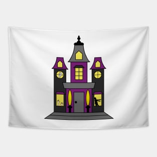 Purple and Black Halloween Haunted House with Ghost, Zombie, & Hands Tapestry