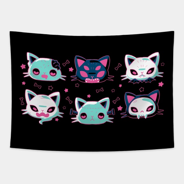 Halloween Cat Heads Tapestry by xMorfina