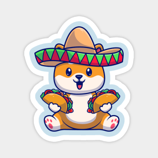 Cute Shiba Inu Dog Eating Tacos With Sombreno Hat Cartoon Magnet