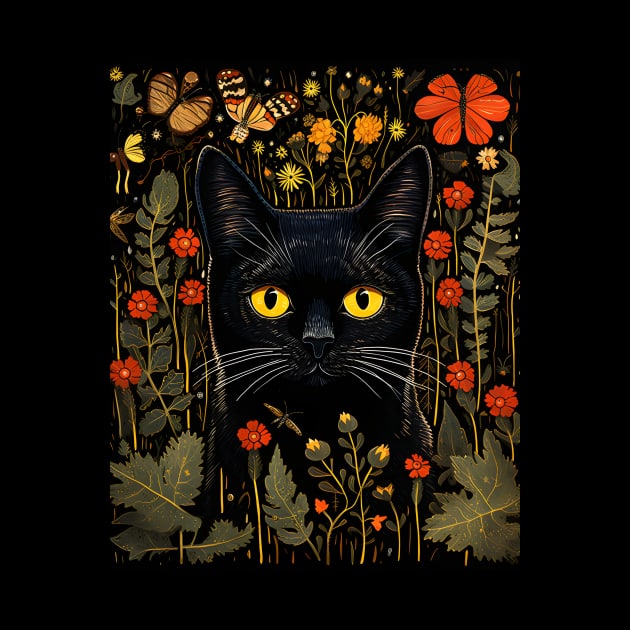 Black Cat Among Flowers and Moths - Mystical Art for Cat Lovers by KittyStampedeCo