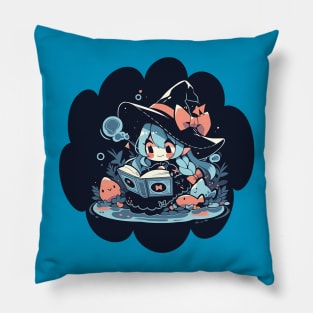 Baby Witch Pisces Zodiac Sign Reading Spell Book Chibi Style Pillow