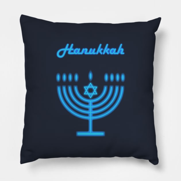 Neon Menorah Jewish Holiday Hanukkah Party Decoration with traditional Chanukah symbol hanukkiah menorah candlestick with candles, star of David Pillow by sofiartmedia