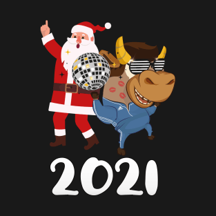 New Year 2021 Symbol Animal Ox - Funny Ox In Retro Sunglasses With Dancing Santa Disco Dancers Cool Xmas Gift T-Shirt