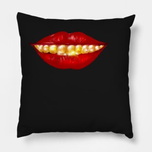 Smiling red lips and gold teeth Pillow