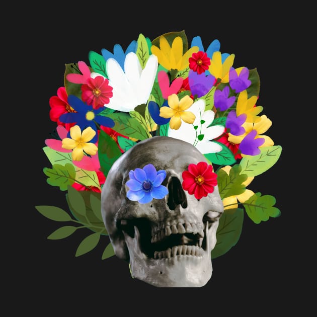 sweet and subliminal skeletal skull with flowers of various colors by JENNEFTRUST