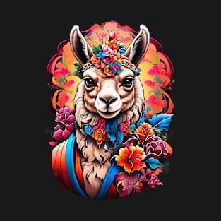 Llama in Floral Crown: A Serene Portrait T-Shirt