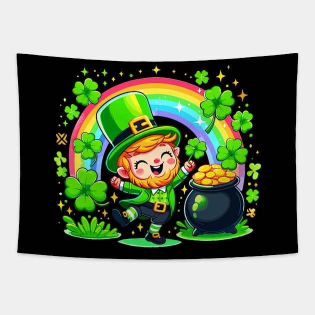 A cute Irish Lad dancing an Irish jig celebrates St Patrick's Day with a rainbow pot of gold and shamrocks Irish Pride Irish American four leaf clovers Irish dance Tapestry by Tees 4 Thee