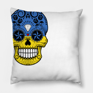 Ukrainian Flag Sugar Skull with Roses Pillow