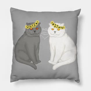 Two cats in the wreaths on the head from sunflowers. Grey and white cats. Pillow