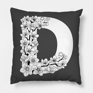 Monochrome capital letter D patterned with sakura twig Pillow