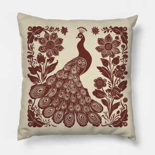 Peacock Ornament Folk Art Design, Maroon Pillow