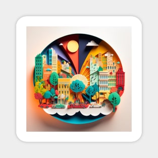 3D Effect Papercut Art - Cityscape Scene Magnet