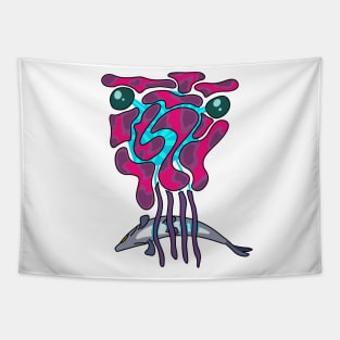 Violet alien crab eating fish Tapestry